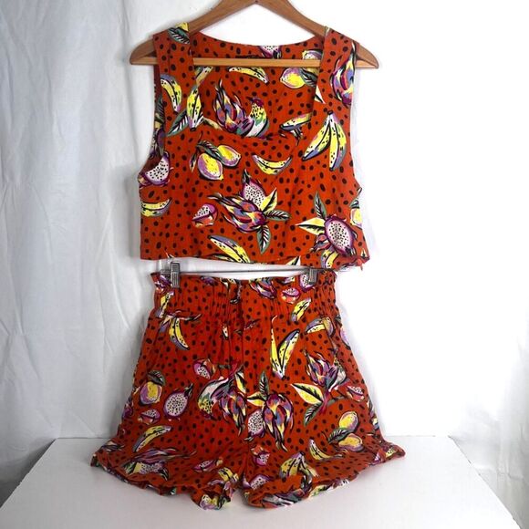 OPT Two Piece Linen Blend Set Top & Shorts Hawaiian Floral Polka Dot Print S/M* - Picture 3 of 15